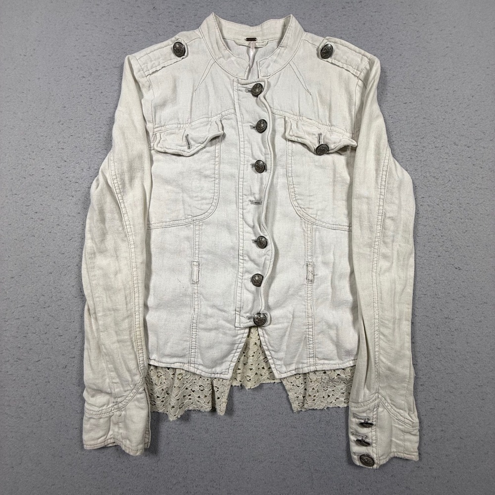 Free People Cream Linen Blend Lace Trim Military‎ Peplum Jacket XS - Picture 2 of 11